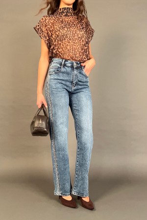 Pantalone jeans Good con fascia strass laterale Pantalone jeans Good con fascia strass laterale Pantalone jeans Good con fasc...