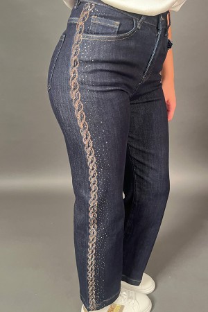 Pantalone jeans Vieste con svaroski e inserti a treccia botanici Pantalone jeans Vieste con svaroski e inserti a treccia bota...