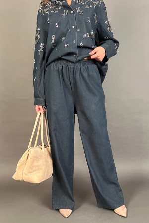 Coordinato Mesu camicia over e pantalone in denim con perline decorative  Coordinato Mesu camicia over e pantalone in denim c...