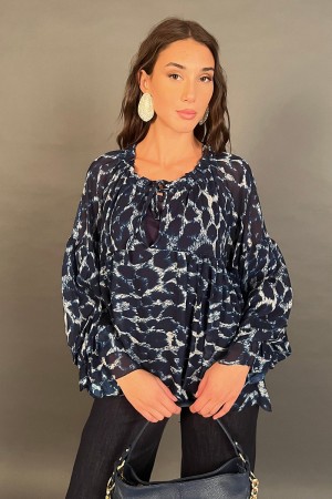 Blusa Violetta con fantasia animalier con maniche a palloncino  Blusa Violetta con fantasia animalier con maniche a palloncin...