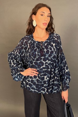 Blusa Violetta con fantasia animalier con maniche a palloncino  Blusa Violetta con fantasia animalier con maniche a palloncin...