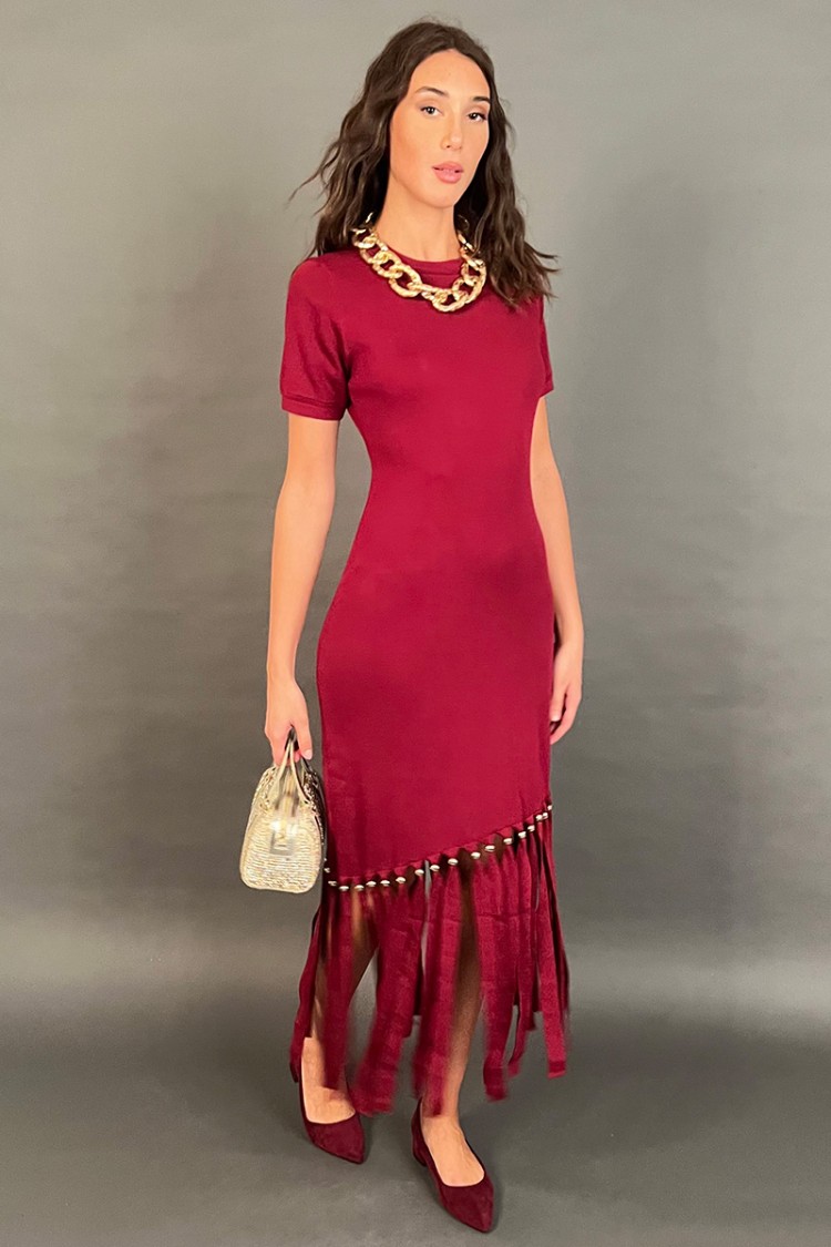 Langarmes kurzärmliges Kleid mit Fransen und Details Gold Final Final Dress Fröhliche kurze Ärmel mit Fransen und... 