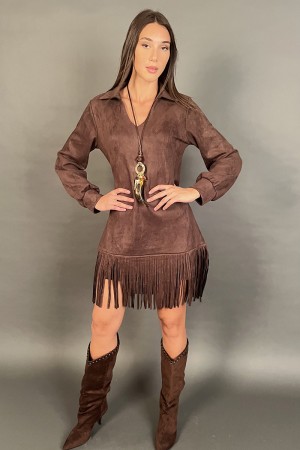 Abito corto Joana scamosciato con frange e colletto a camicia Abito corto Joana scamosciato con frange e colletto a camicia A...