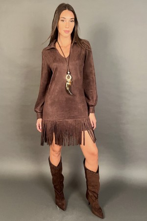 Abito corto Joana scamosciato con frange e colletto a camicia Abito corto Joana scamosciato con frange e colletto a camicia A...