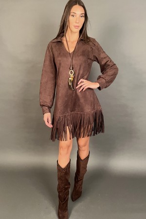 Abito corto Joana scamosciato con frange e colletto a camicia Abito corto Joana scamosciato con frange e colletto a camicia A...