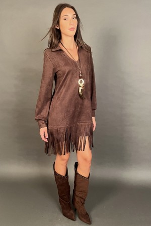 Abito corto Joana scamosciato con frange e colletto a camicia Abito corto Joana scamosciato con frange e colletto a camicia A...