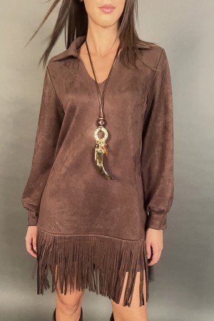 Abito corto Joana scamosciato con frange e colletto a camicia Abito corto Joana scamosciato con frange e colletto a camicia A...