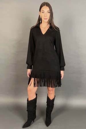 Abito corto Joana scamosciato con frange e colletto a camicia Abito corto Joana scamosciato con frange e colletto a camicia A...