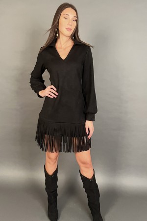 Abito corto Joana scamosciato con frange e colletto a camicia Abito corto Joana scamosciato con frange e colletto a camicia A...