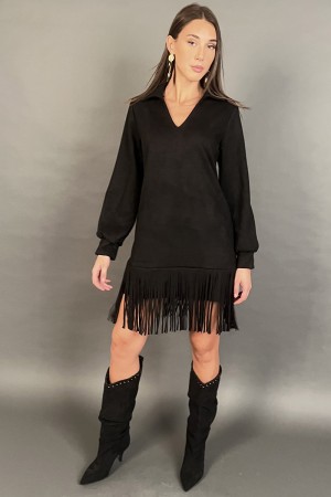 Abito corto Joana scamosciato con frange e colletto a camicia Abito corto Joana scamosciato con frange e colletto a camicia A...