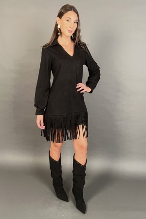 Abito corto Joana scamosciato con frange e colletto a camicia Abito corto Joana scamosciato con frange e colletto a camicia A...