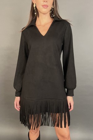 Abito corto Joana scamosciato con frange e colletto a camicia Abito corto Joana scamosciato con frange e colletto a camicia A...