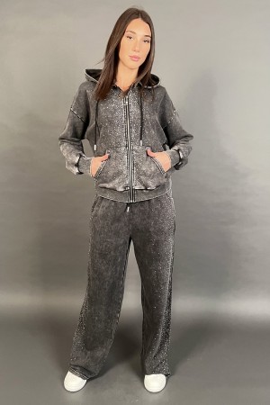Coordinato Vittoria con felpa cerniera e cappuccio con piccoli strass e pantalone a palazzo con strass  Coordinato Vittoria c...