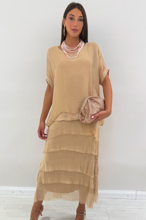 Amara Long dress Barcelona mixed silk and viscose with short sleeve with flounces and sequins