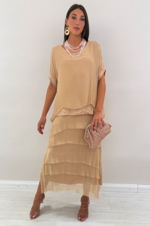 Amara Long dress Barcelona mixed silk and viscose with short sleeve with flounces and sequins