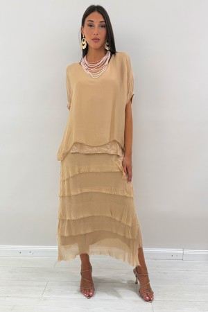 Amara Long dress Barcelona mixed silk and viscose with short sleeve with flounces and sequins