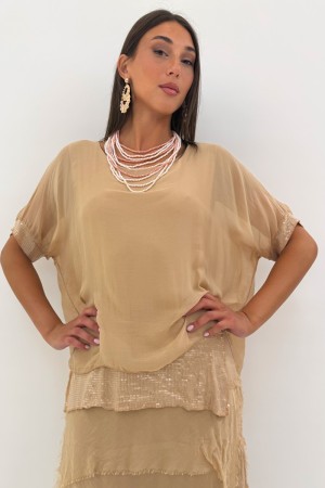 Amara Langes Kleid Barcelona gemischt Seide und Viskose mit kurzem Ärmel mit aufgreifenden Pfeifen und Pailletten