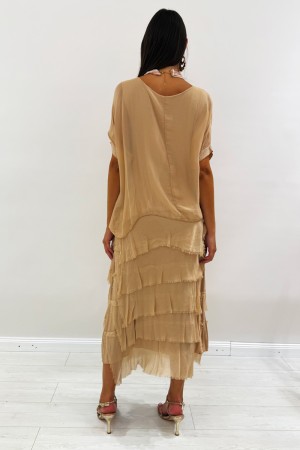 Amara Long dress Barcelona mixed silk and viscose with short sleeve with flounces and sequins