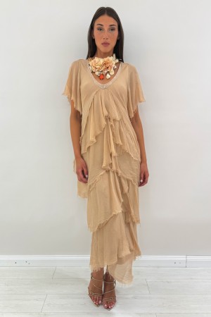 Amara Vestido largo en seda y viscosa con fluitas.