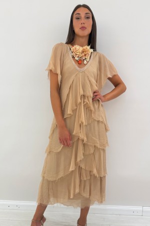 Amara Vestido largo en seda y viscosa con fluitas.