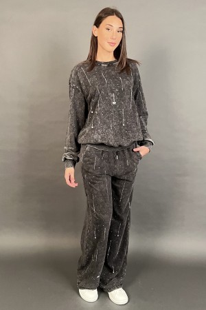 Coordinato Susy felpa girocollo con strass e decoro fiocco pantalone a palazzo  Coordinato Susy felpa girocollo con strass e ...