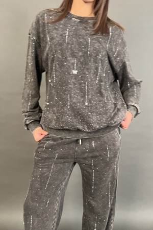 Coordinato Susy felpa girocollo con strass e decoro fiocco pantalone a palazzo  Coordinato Susy felpa girocollo con strass e ...