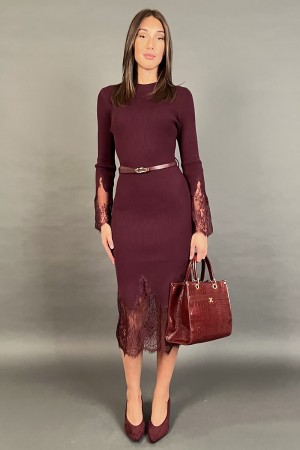 Long Dress Dress in Stretch Ribbed Fabric with Lace Details and Matched Cinta