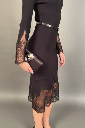 Long Dress Dress in Stretch Ribbed Fabric with Lace Details and Matched Cinta