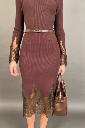 Langes Kleid Kleid in streckiger gerippter Stoff mit Spitzedetails und übereinstimmend Cinta