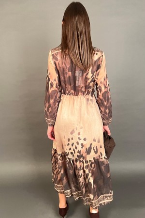 Abito lungo Stella con fantasia animalier e scollo all'americana Abito lungo Stella con fantasia animalier e scollo all'ameri...
