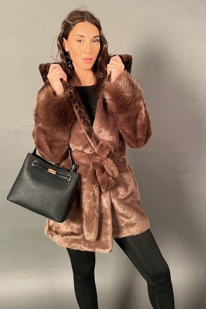 Ecopelliccia Lelly a pelo corto con con bordo in stampa animalier maniche con peliccia voluminosa Ecopelliccia Lelly a pelo c...