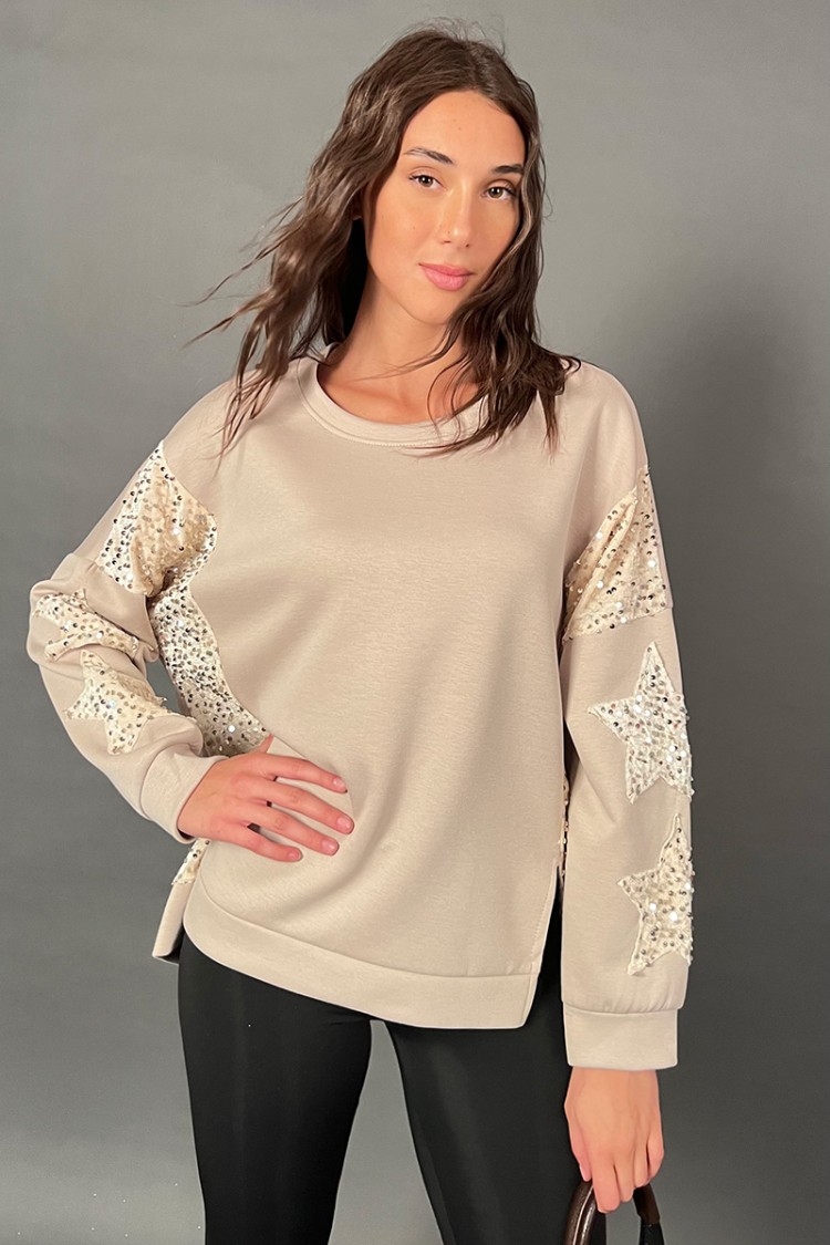 Felpa Over stella girocollo con decoro sulle maniche con vellutino e paillettes  Felpa Over stella girocollo con decoro sulle...
