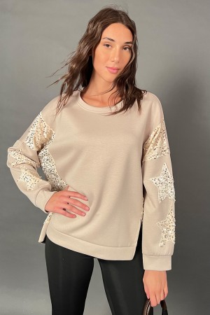 Felpa Over stella girocollo con decoro sulle maniche con vellutino e paillettes  Felpa Over stella girocollo con decoro sulle...