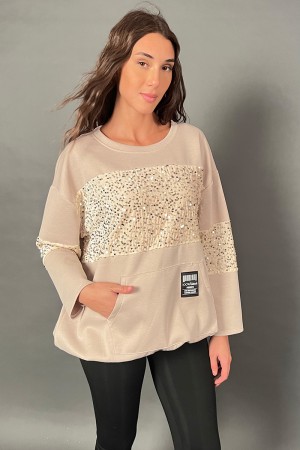 Felpa Over Nancy con fascia in velluto e paillettes con coulisse sul fondo regolabile  Felpa Over Nancy con fascia in velluto...