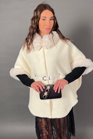 Silvia cape short-haired wool effect with eco-leather edges Large sleeves and matched belt