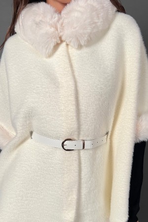 Silvia cape short-haired wool effect with eco-leather edges Large sleeves and matched belt