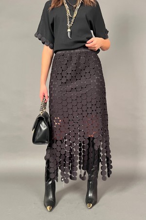 Coordinato Love maglia e gonna con tessuto a forma di cerchio con frangia dello stesso tessuto  Coordinato Love maglia e gonn...