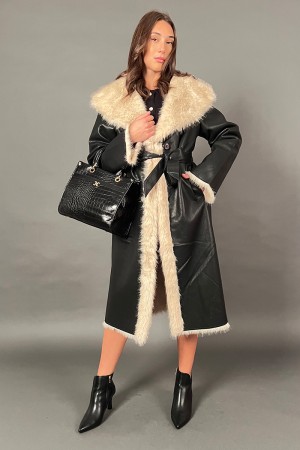 Cappotto lungo zaffiro in ecopelle e dettagli in ecopelliccia Cappotto lungo zaffiro in ecopelle e dettagli in ecopelliccia C...