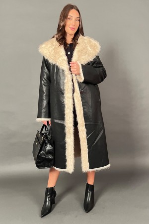 Cappotto lungo zaffiro in ecopelle e dettagli in ecopelliccia Cappotto lungo zaffiro in ecopelle e dettagli in ecopelliccia C...