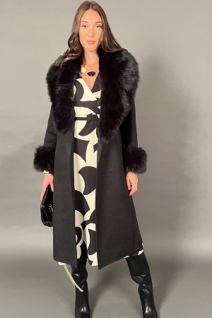 Cappotto Margherita con collo di ecopelliccia e polsini in ecopelliccia con cintura removibile Cappotto Margherita con collo ...
