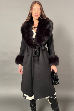 Cappotto Margherita con collo di ecopelliccia e polsini in ecopelliccia con cintura removibile Cappotto Margherita con collo ...