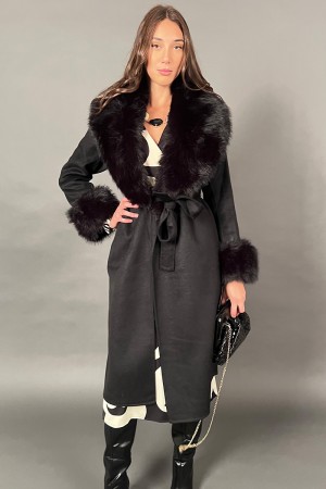 Cappotto Margherita con collo di ecopelliccia e polsini in ecopelliccia con cintura removibile Cappotto Margherita con collo ...