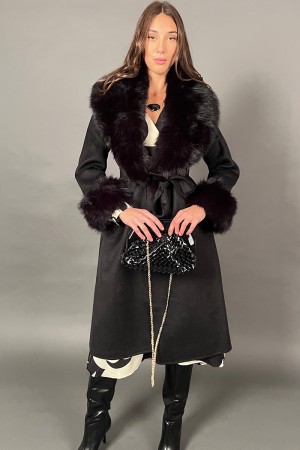 Cappotto Margherita con collo di ecopelliccia e polsini in ecopelliccia con cintura removibile Cappotto Margherita con collo ...