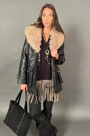 Venus jacket in faux leather with removable eco-wound collar