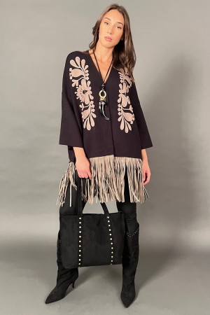 Cardigan Fiore in maglia con frangia sul fondo in ecopelle  Cardigan Fiore in maglia con frangia sul fondo in ecopelle  Cardi...
