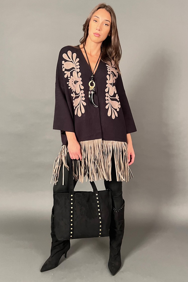 Cardigan Fiore in maglia con frangia sul fondo in ecopelle  Cardigan Fiore in maglia con frangia sul fondo in ecopelle  Cardi...
