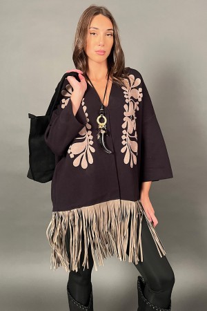 Cardigan Fiore in maglia con frangia sul fondo in ecopelle  Cardigan Fiore in maglia con frangia sul fondo in ecopelle  Cardi...