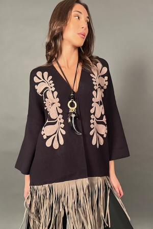 Cardigan Fiore in maglia con frangia sul fondo in ecopelle  Cardigan Fiore in maglia con frangia sul fondo in ecopelle  Cardi...