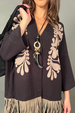 Cardigan Fiore in maglia con frangia sul fondo in ecopelle  Cardigan Fiore in maglia con frangia sul fondo in ecopelle  Cardi...