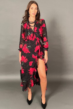Long Paris dress with floral pattern with wallet closure